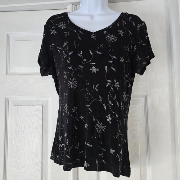 Vtg 90s floral sparkly vneck blouse - Picture 2 of 4